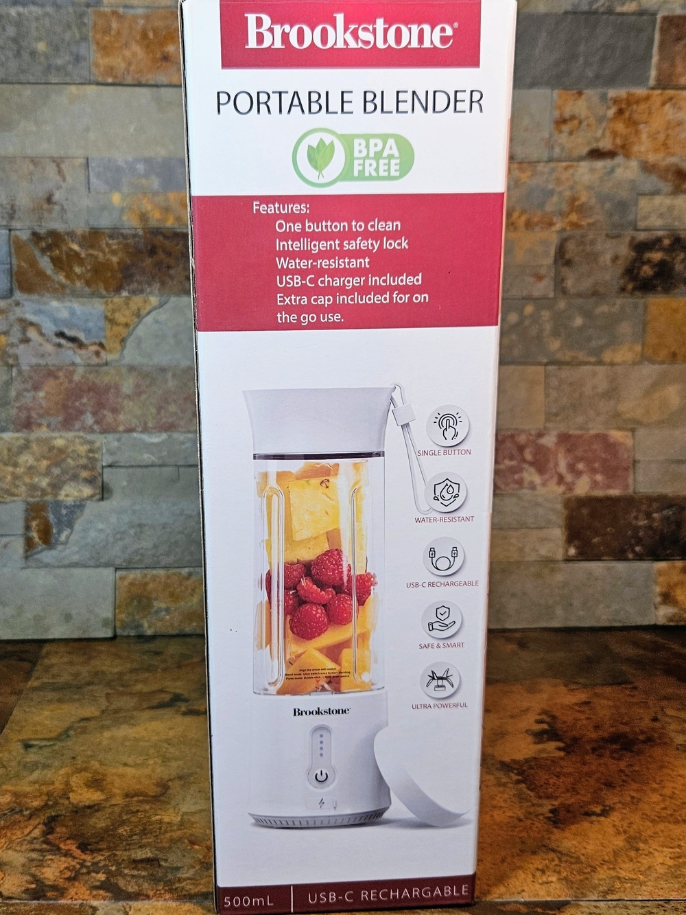 Brookstone White and Red Portable USB-C Rechargeable Blender